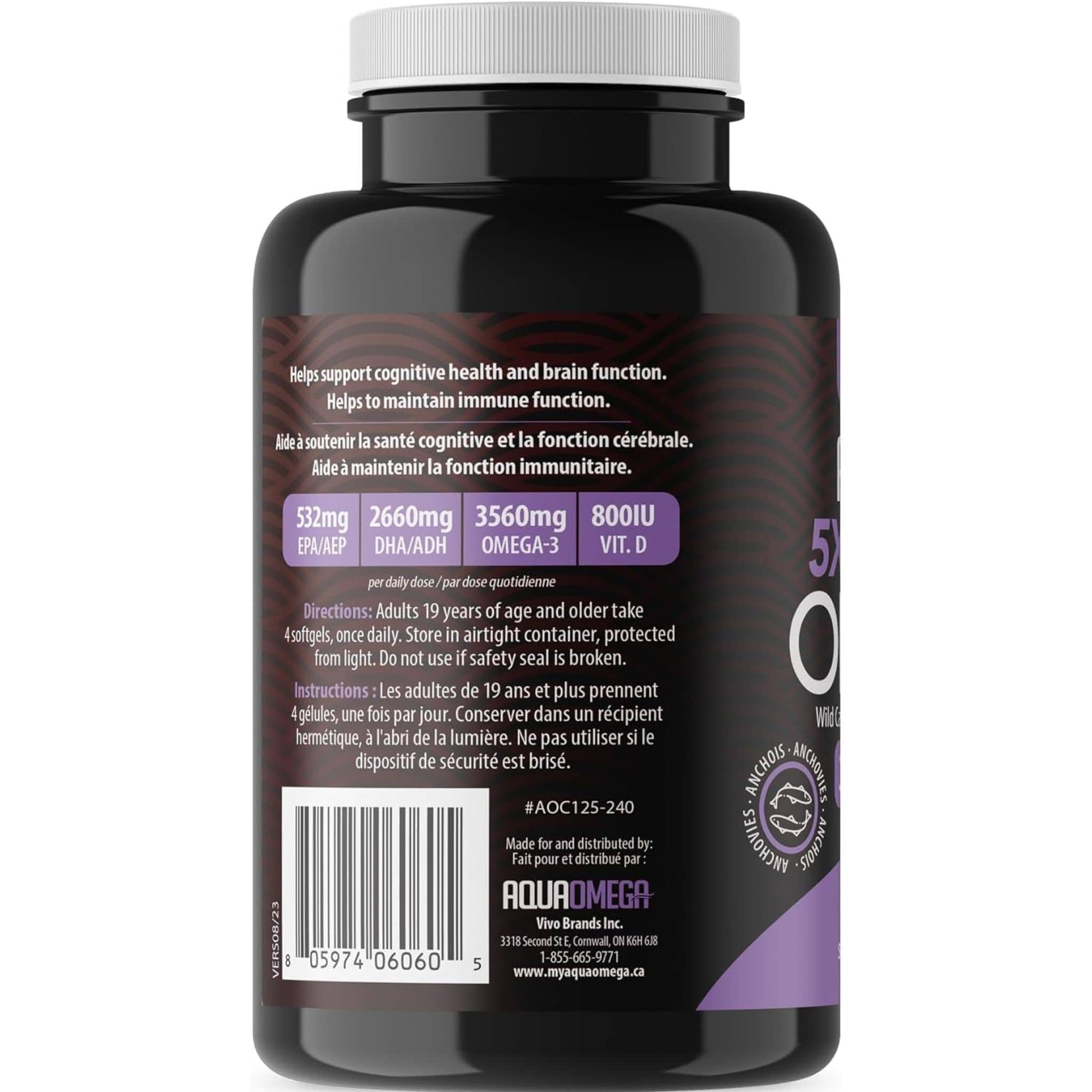 240 Softgels | AquaOmega High DHA Omega 3 Fish Oil, 3X Extra Strength Fish Oil Softgels