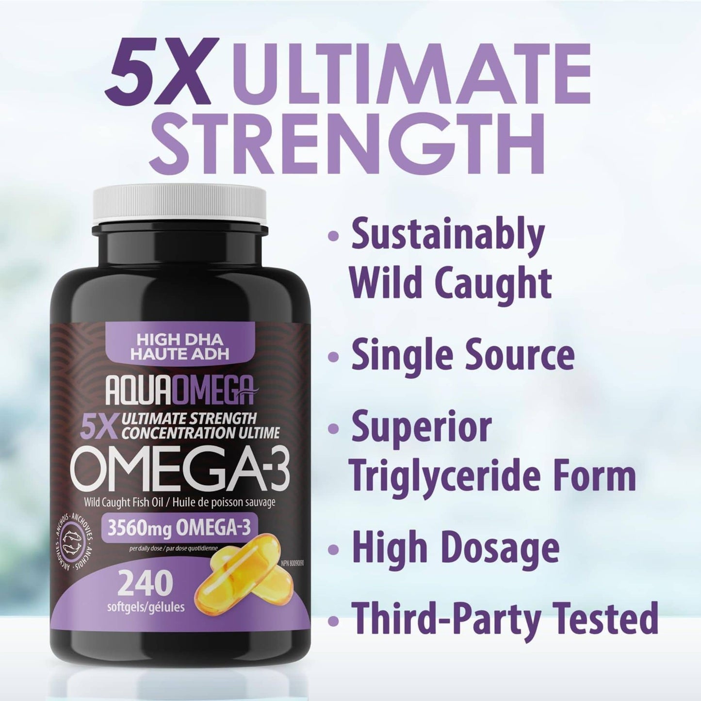 240 Softgels | AquaOmega High DHA Omega 3 Fish Oil, 3X Extra Strength Fish Oil Softgels