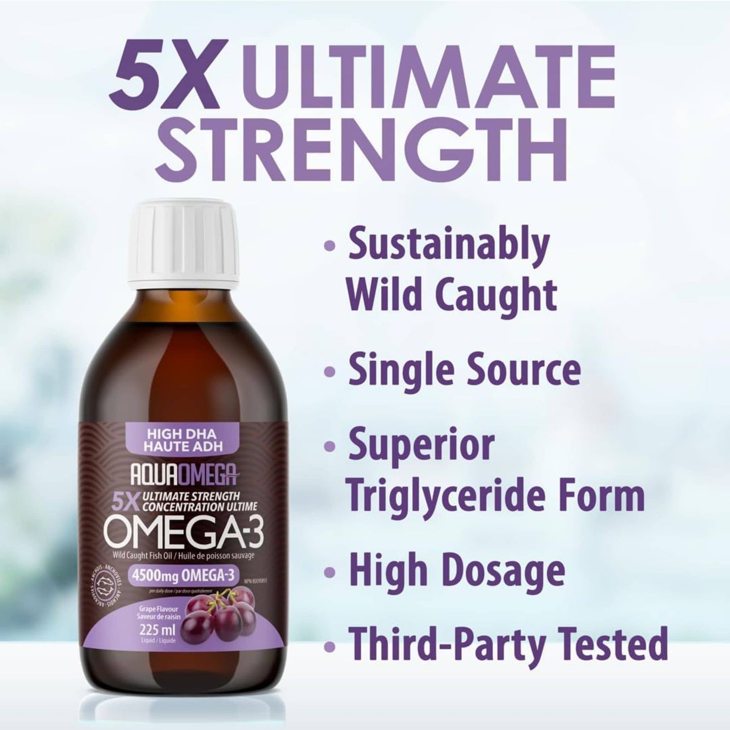 Grape Flavour, 225ml | AquaOmega High DHA Omega 3 Fish Oil, 5X Extra Strength Liquid Fish Oil