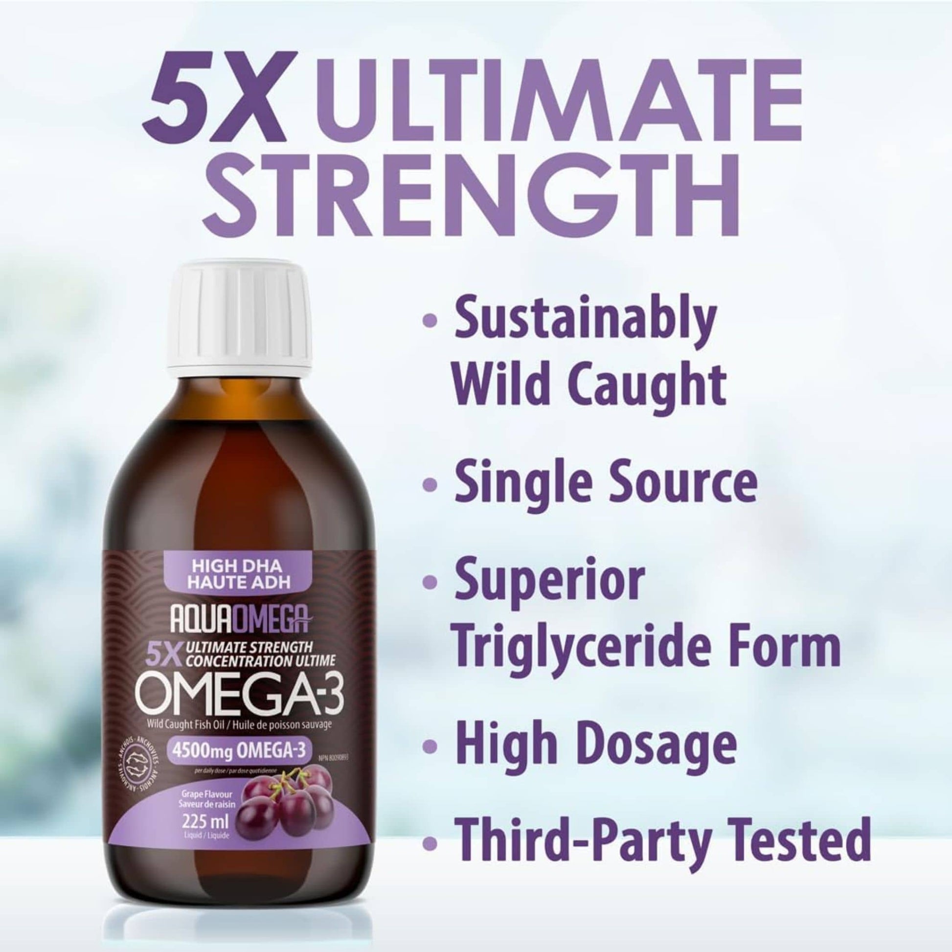 Grape Flavour, 225ml | AquaOmega High DHA Omega 3 Fish Oil, 5X Extra Strength Liquid Fish Oil