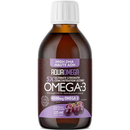 Grape Flavour, 225ml | AquaOmega High DHA Omega 3 Fish Oil, 5X Extra Strength Liquid Fish Oil
