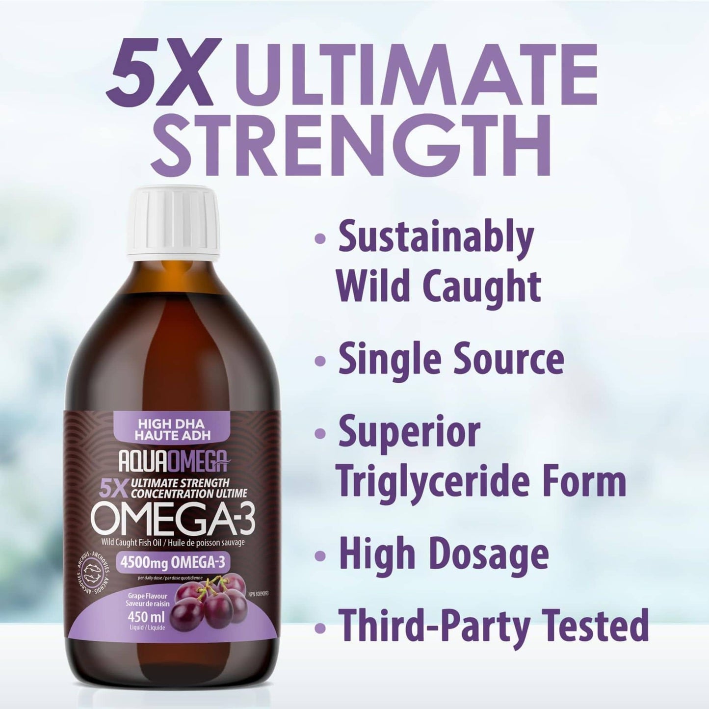 Grape Flavour, 450ml | AquaOmega High DHA Omega 3 Fish Oil, 5X Extra Strength Liquid Fish Oil