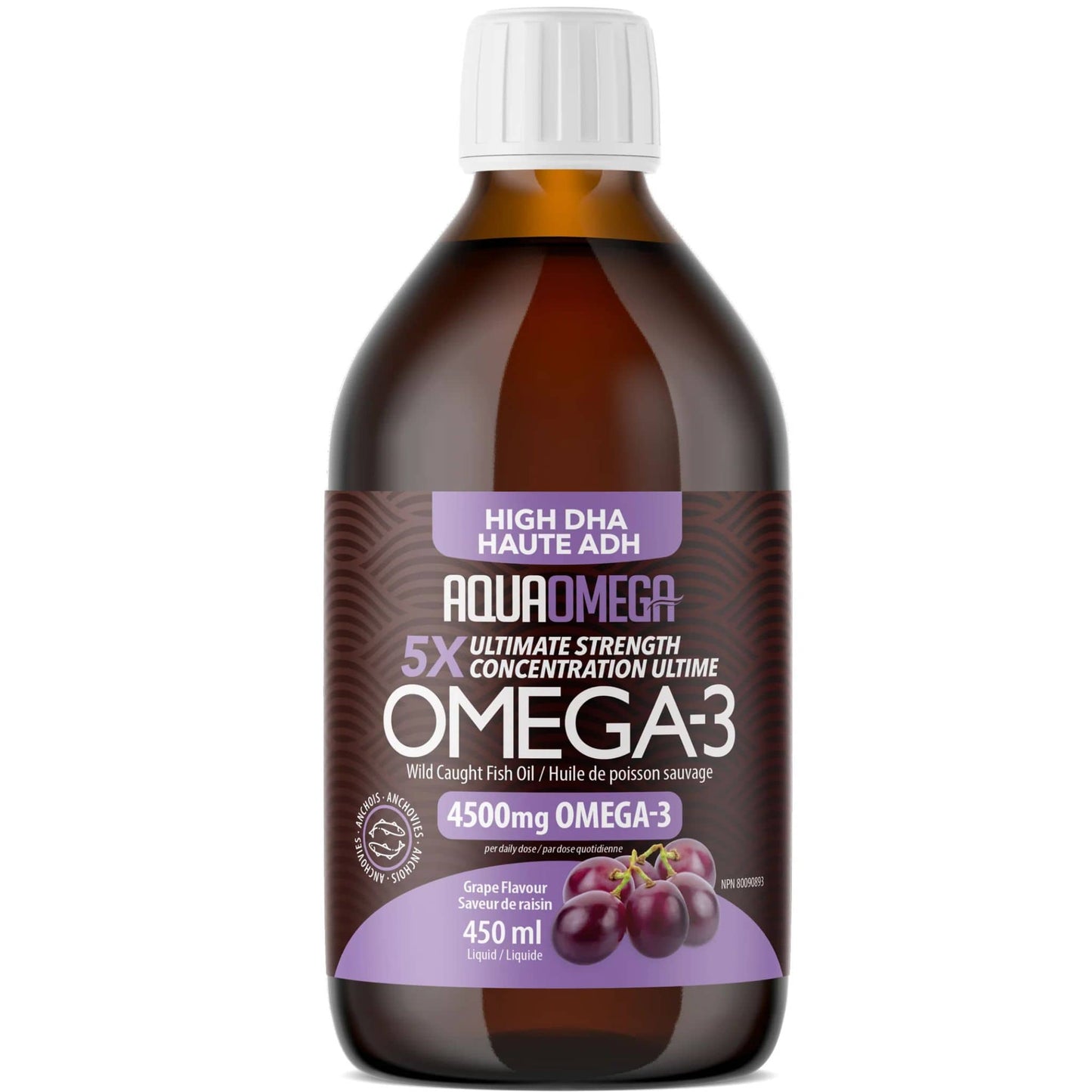 Grape Flavour, 450ml | AquaOmega High DHA Omega 3 Fish Oil, 5X Extra Strength Liquid Fish Oil