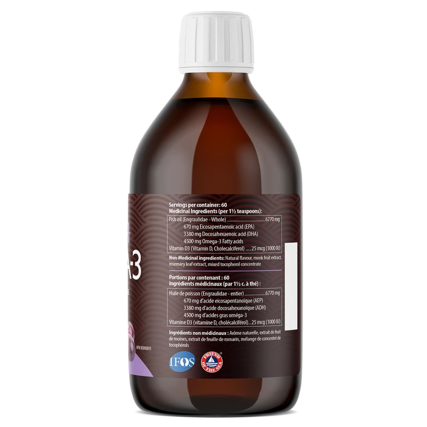 Grape 450ml | AquaOmega 1:5 High DHA Omega-3 Wild Caught Fish Oil 450ml bottle nutritional label  // grape flavour