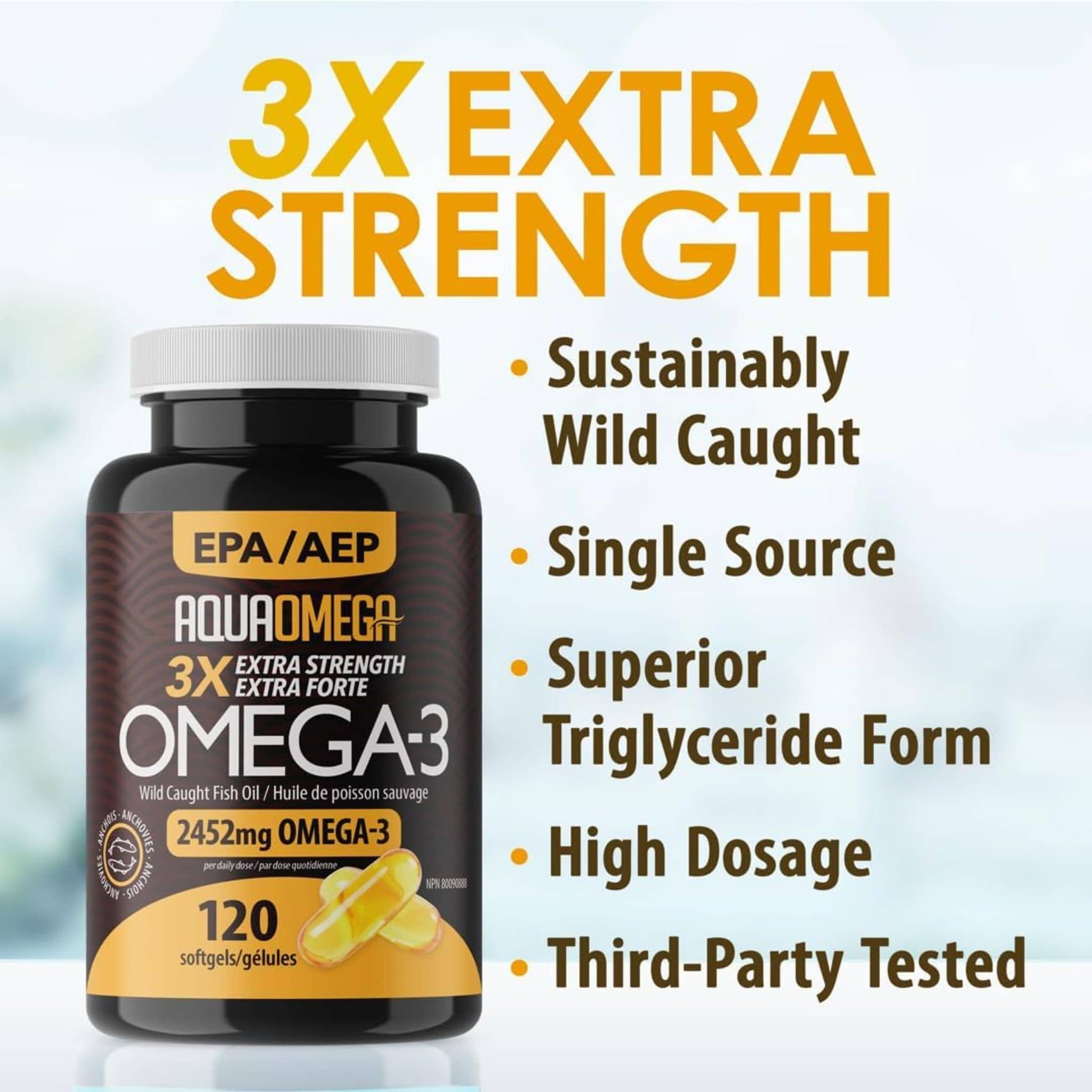 120 Softgels | AquaOmega Daily Maintenance Omega 3 Fish Oil, 3X Extra Strength Fish Oil