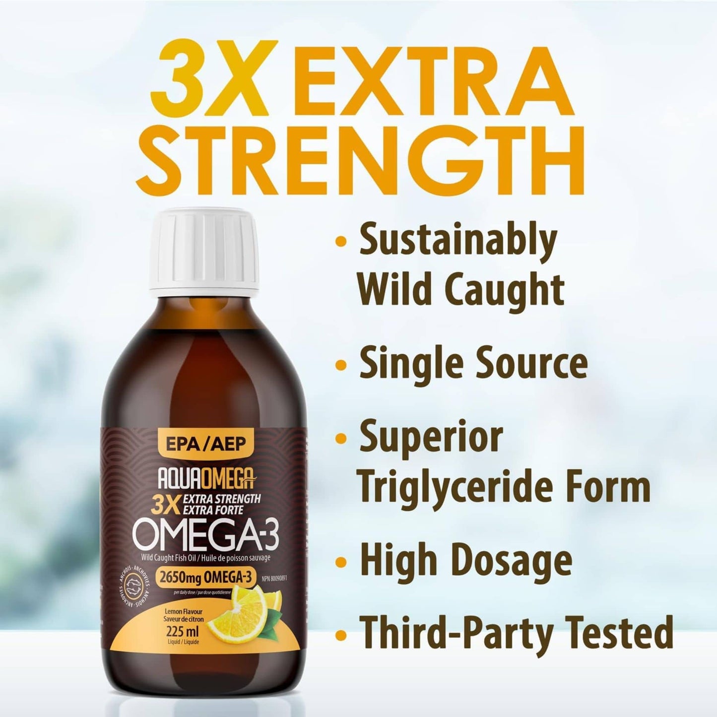 Lemon Flavour, 225ml| AquaOmega Daily Maintenance Omega 3 Fish Oil, 3X Extra Strength Liquid