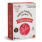 A box of Organic traditions Superfoods Fibre Flow dietary supplement, strawberry flavor, containing 15 capsules. The packaging is white and red with a circular image of a pink strawberry smoothie on the front.