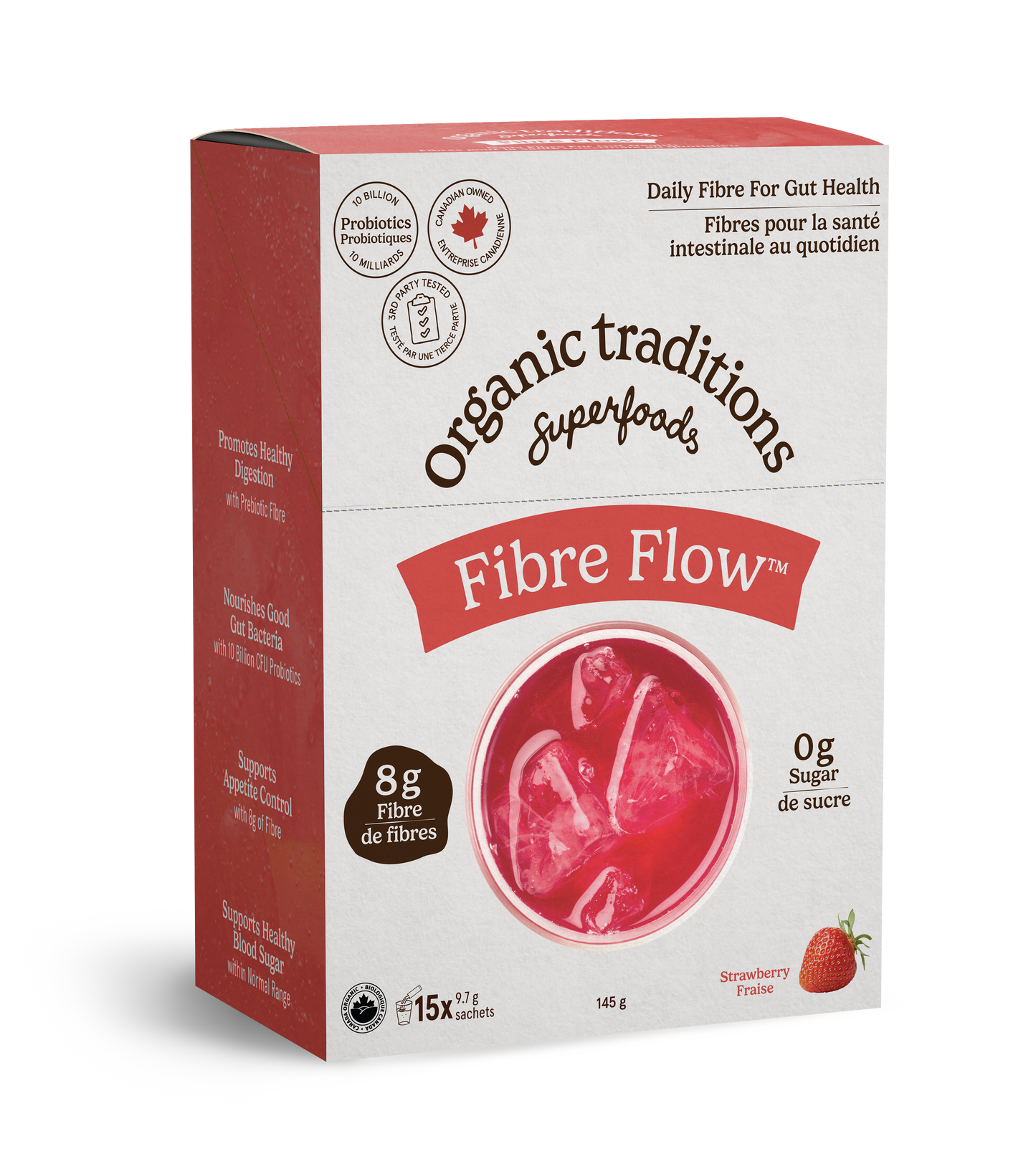 A box of Organic traditions Superfoods Fibre Flow dietary supplement, strawberry flavor, containing 15 capsules. The packaging is white and red with a circular image of a pink strawberry smoothie on the front.