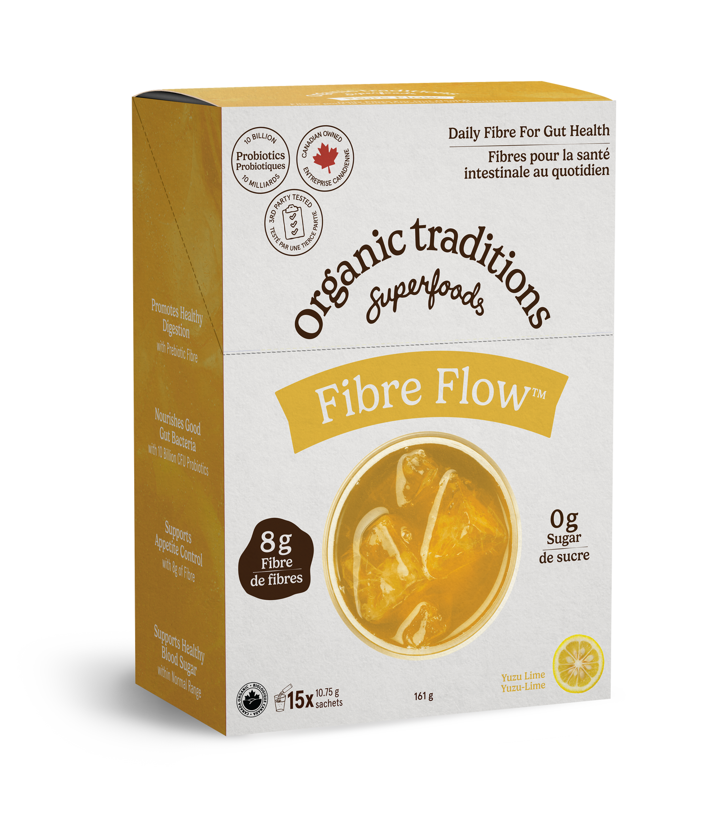 A box of Organic traditions Superfoods Fibre Flow tea, featuring a white and yellow design with a bowl of yellow tea and lemon slices on the front, set against a plain white background.