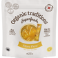 A white stand-up pouch of Organic Traditions Superfoods Fibre Flow yuzu lime snack sticks, featuring a yellow-orange bowl graphic of the snack sticks in a drink, a yellow lemon slice illustration, and text detailing 8g of fibre.