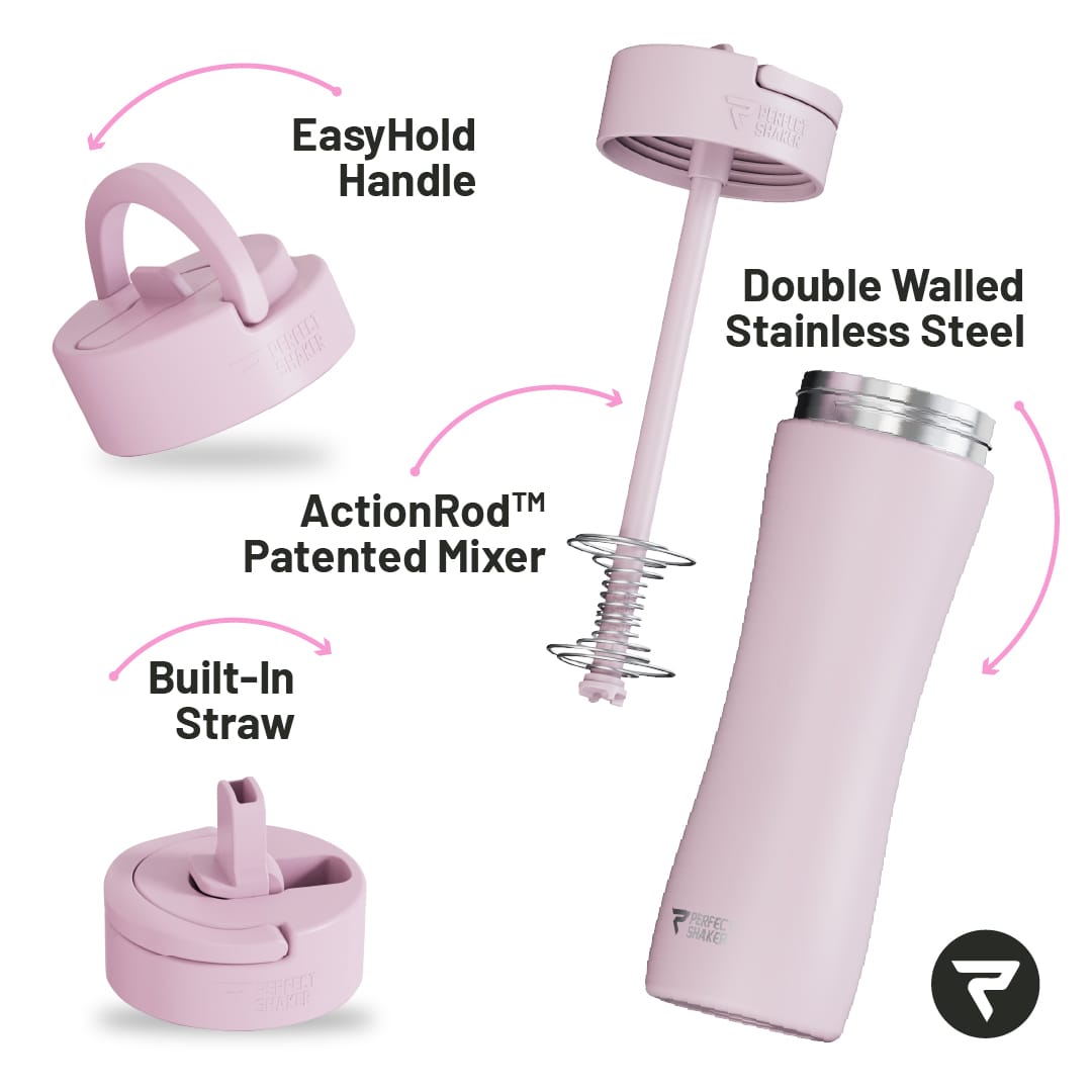 PerfectShaker LUMA Stainless Steel Shaker Cup with Straw, Double Wall Insulated Cold 12+ Hours, Leak-Proof and Dishwasher Safe, 650ml
