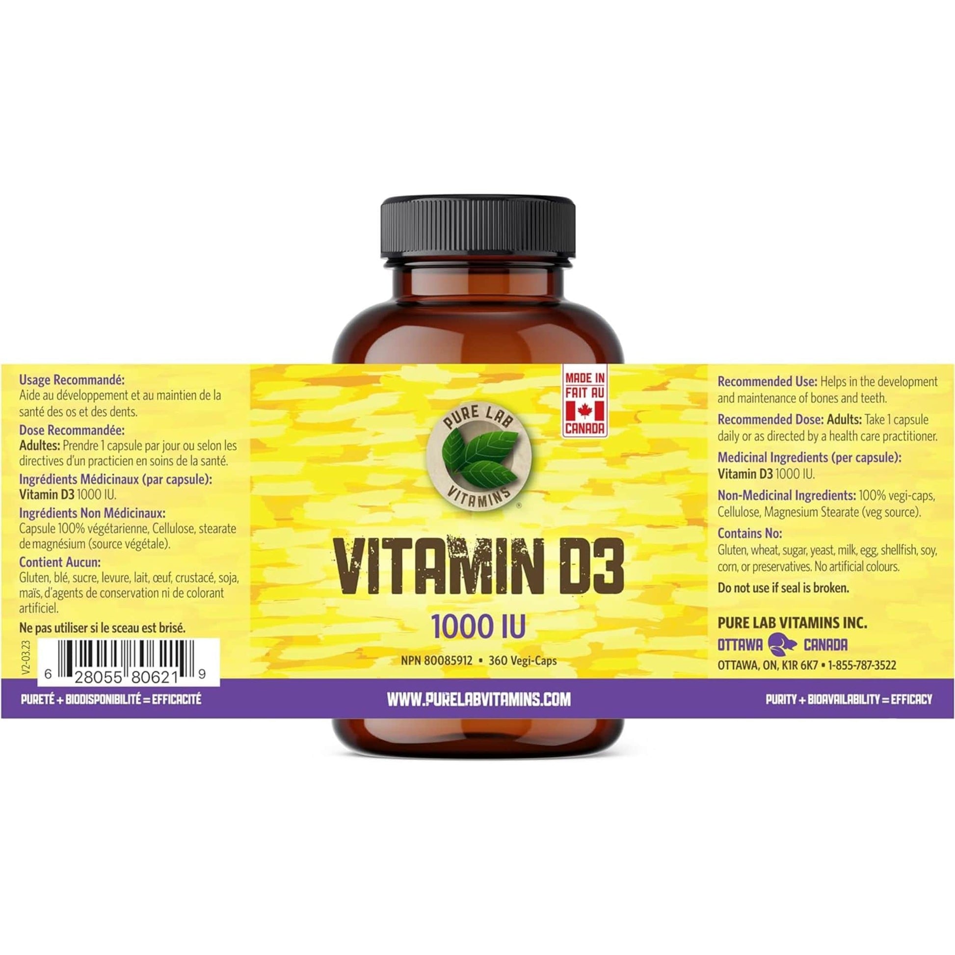 360 Vegetable Capsules | Pure Lab Vitamins Vitamin D3 1000 IU Nutrition Label