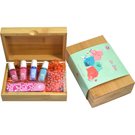 Suncoat Go Glow Bamboo Manicure Box, 4 Water-Based Peel-Off Kids Nail Polishes with Decals and Nail File in a Reusable Bamboo Box