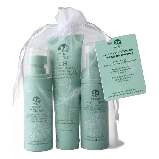 Suncoat Mini Travel Hair Styling Kit, Sugar-Based Hair Spray, Gel and Mousse, Alcohol-Free, Vegan