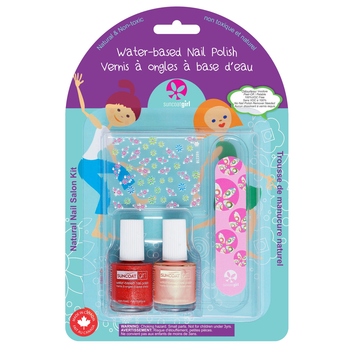 Suncoat Little Valentine Nail Polish 2-Pack, Red with Gold Glitter and Peach, Water-Based Peel-Off Kids Nail Polish with Decals and Nail File