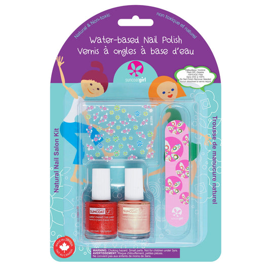 Suncoat Little Valentine Nail Polish 2-Pack, Red with Gold Glitter and Peach, Water-Based Peel-Off Kids Nail Polish with Decals and Nail File