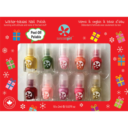 Suncoat Merry Mini Mani 10-Pack Holiday Nail Kit, 10 x 2ml Water-Based Peel-Off Kids Nail Polishes with Holiday Decals and Nail File