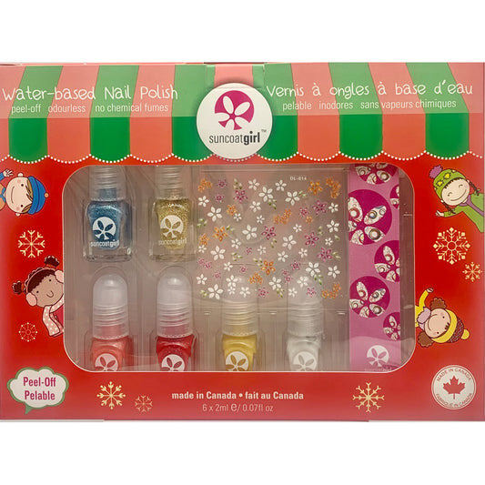 Suncoat Magic Mini Mani Holiday Nail Kit, 6 Water-Based Peel-Off Kids Nail Polishes with Gold Glitter, Holiday Decals and Nail File