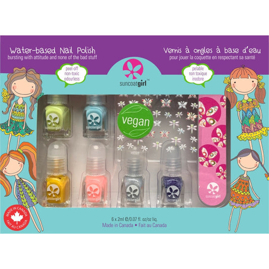 Suncoat Smart Vegan 6 Mini Nail Kit, 6 x 2ml Water-Based Peel-Off Nail Polishes with Nail Decals and Soft-Touch Nail File
