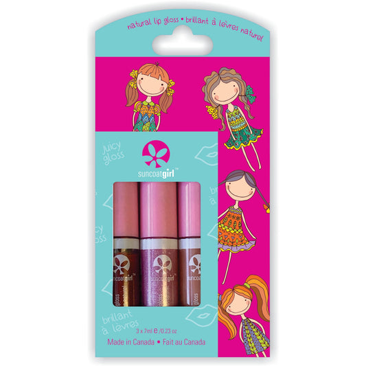 Suncoat Juicy Gloss Lip Gloss Trio for Kids, Red, Pink and Peach Shimmer Lip Gloss with Coconut Oil, Cocoa Butter and Beeswax