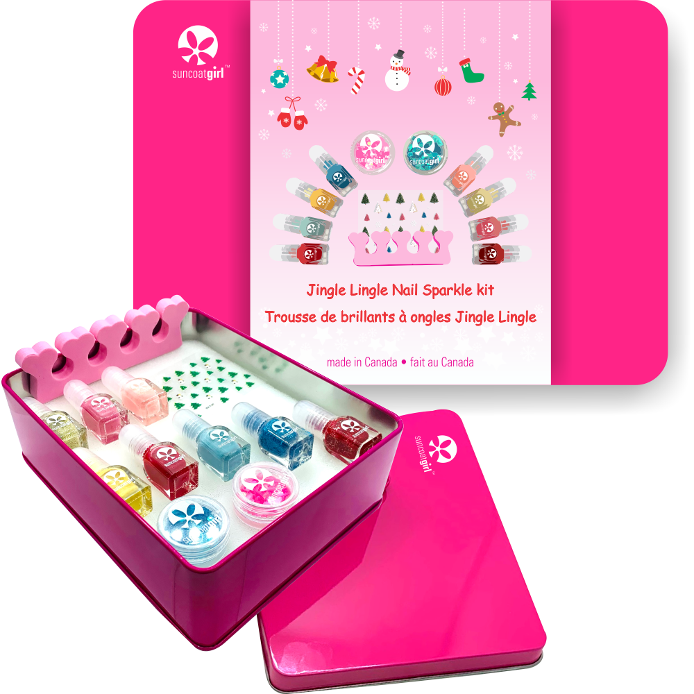 Suncoat Jingle Lingle Nail Sparkle Kit, 8 x 2ml Water-Based Peel-Off Kids Nail Polishes, 2 Nail Glitter Pots, Decals and Toe Separator in a Pink Tin