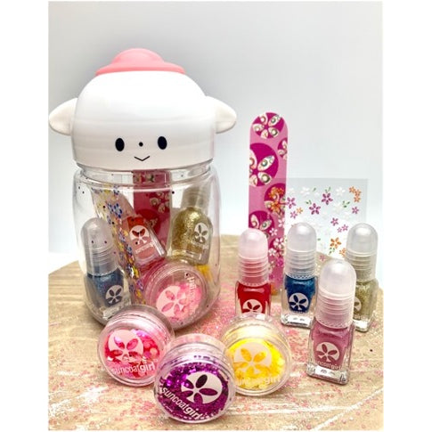 Suncoat Nail Candy Jar, 4 x 2ml Water-Based Peel-Off Kids Nail Polishes, 3 Nail Glitter Pots, Nail File and Stickers in a Reusable Jar
