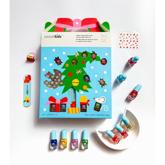 Suncoat Christmas Mini Mani Kit, 10 x 2ml Water-Based Peel-Off Kids Nail Polishes with Holiday Nail Decals, Nail File and Finger Ring
