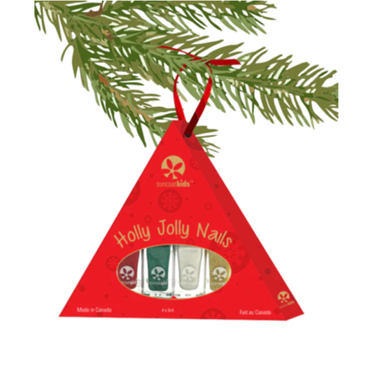 Suncoat Holly Jolly Christmas Ornament Nail Polish Set, 4 x 5ml Water-Based Peel-Off Nail Polishes in a Tree Ornament Box