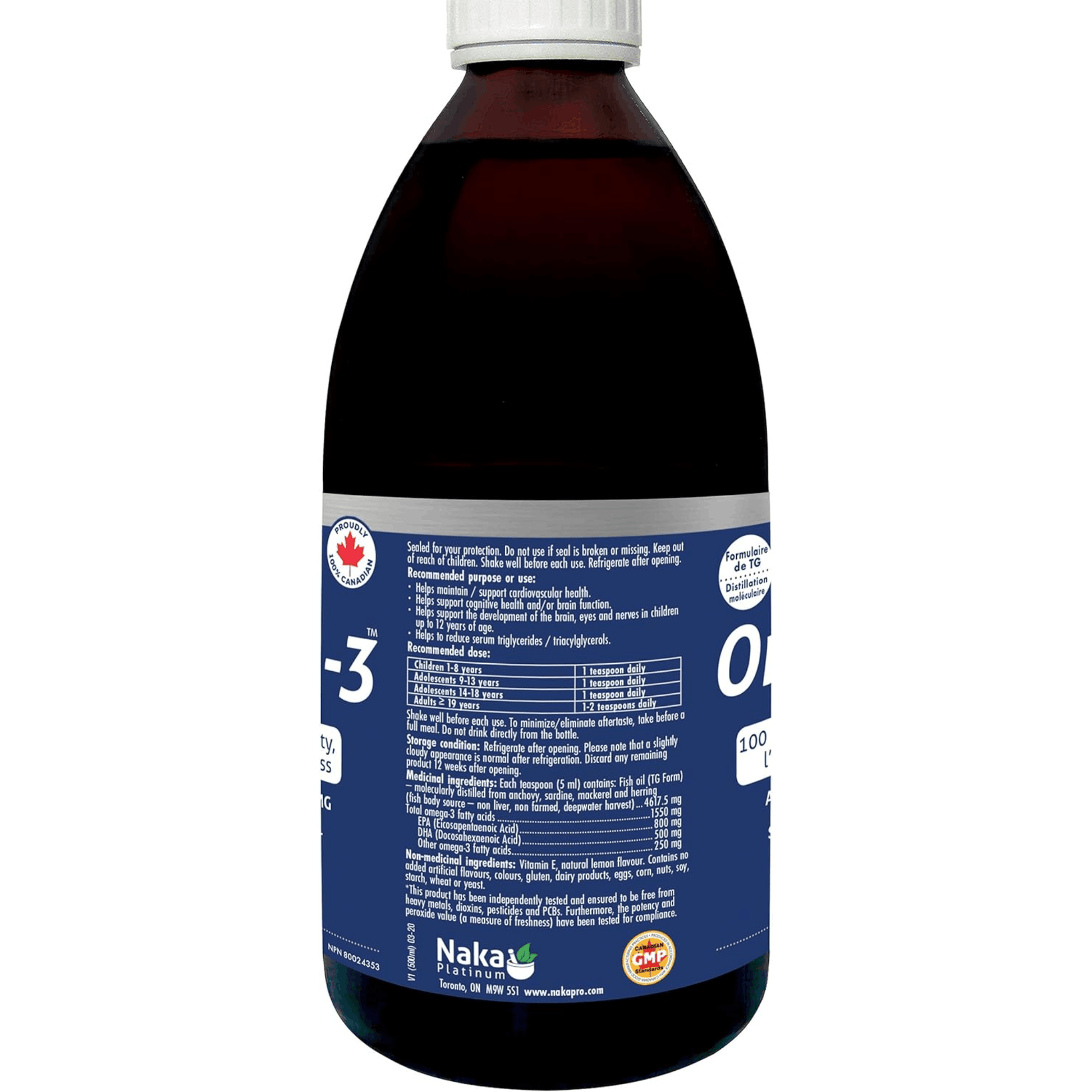 500ml Natural Lemon Flavour | Naka Platinum Pro Omega-3 Liquid back of the bottle