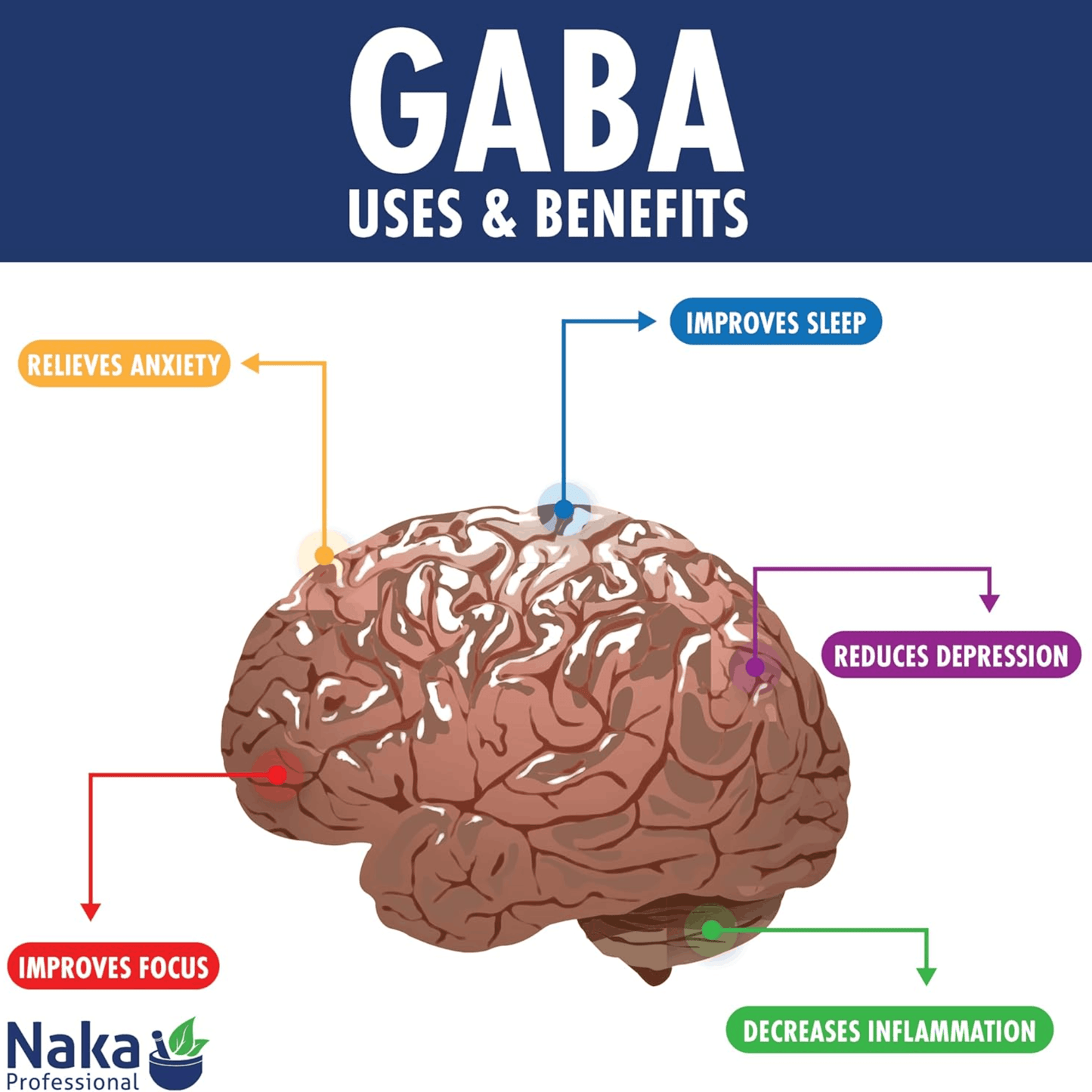 140 Vegetable Capsules | Naka Platinum PRO GABA uses and benefits infographic