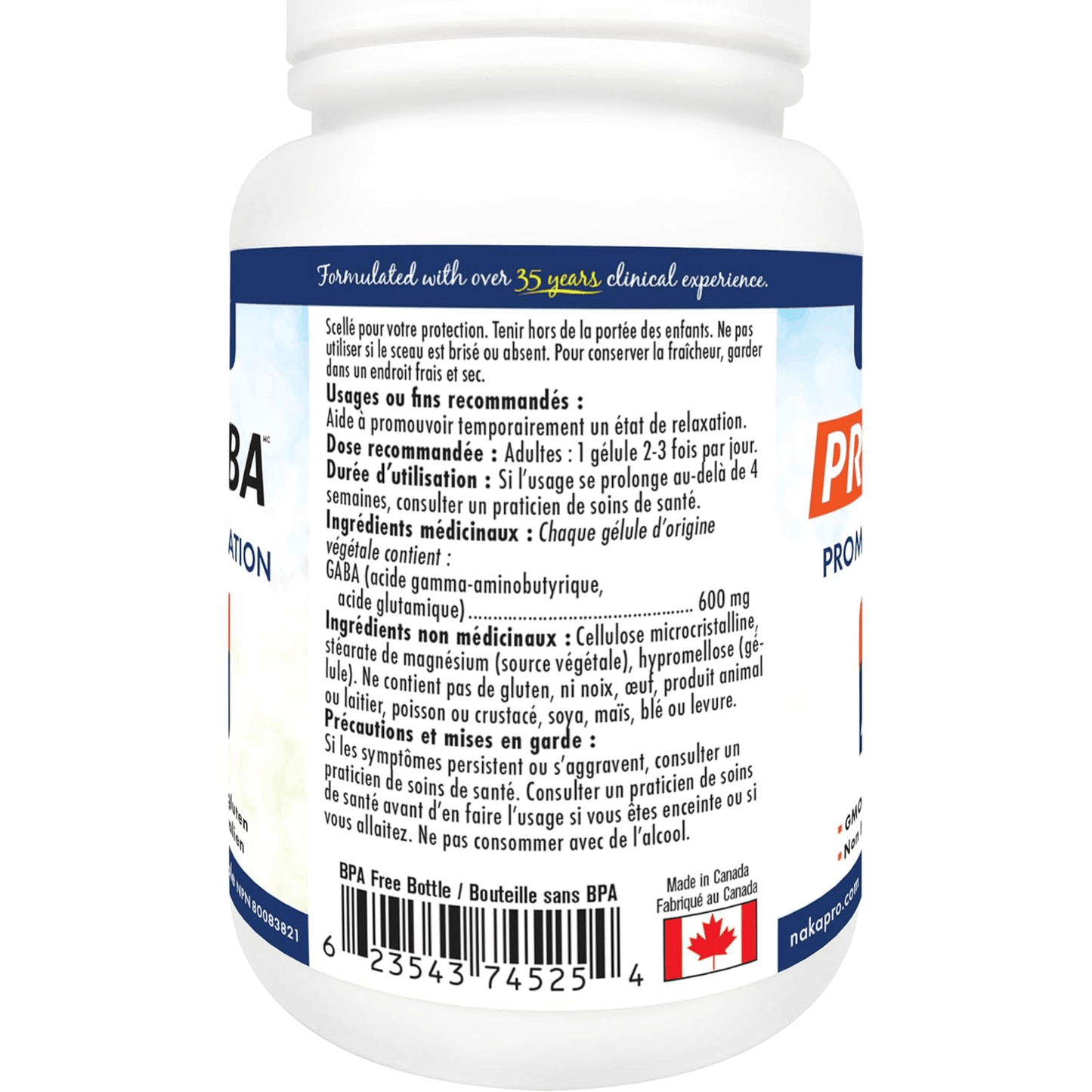 140 Vegetable Capsules | Naka Platinum PRO GABA back label in french