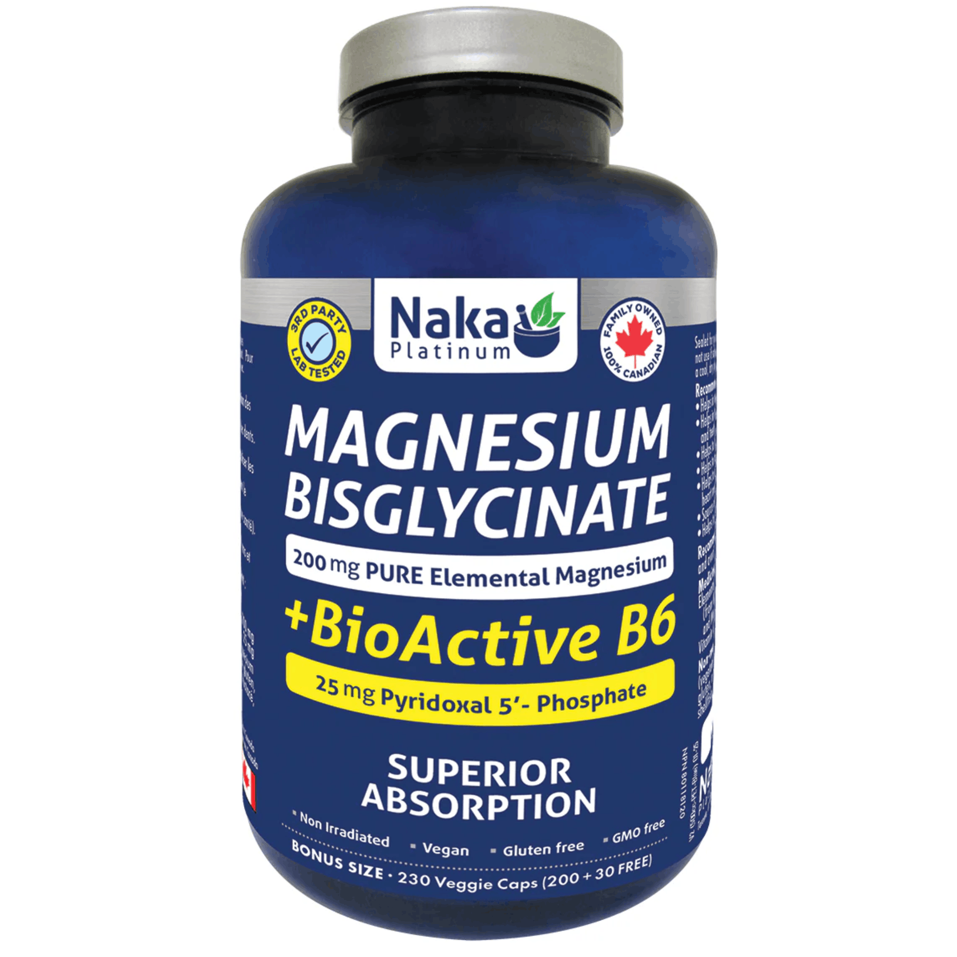 230 Vegetable Capsules | Naka Platinum Magnesium Bislgycinate Plus Bioactive B6