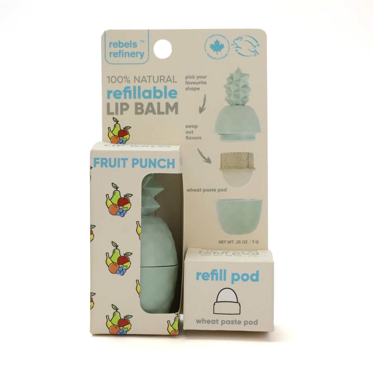Rebels Refinery Refillable Lip Balm, Ice Cream Lemon or Pineapple Fruit Punch, 7g or with Refill Pod 14g - Pineapple with Fruit Punch Refill Pod (14g)