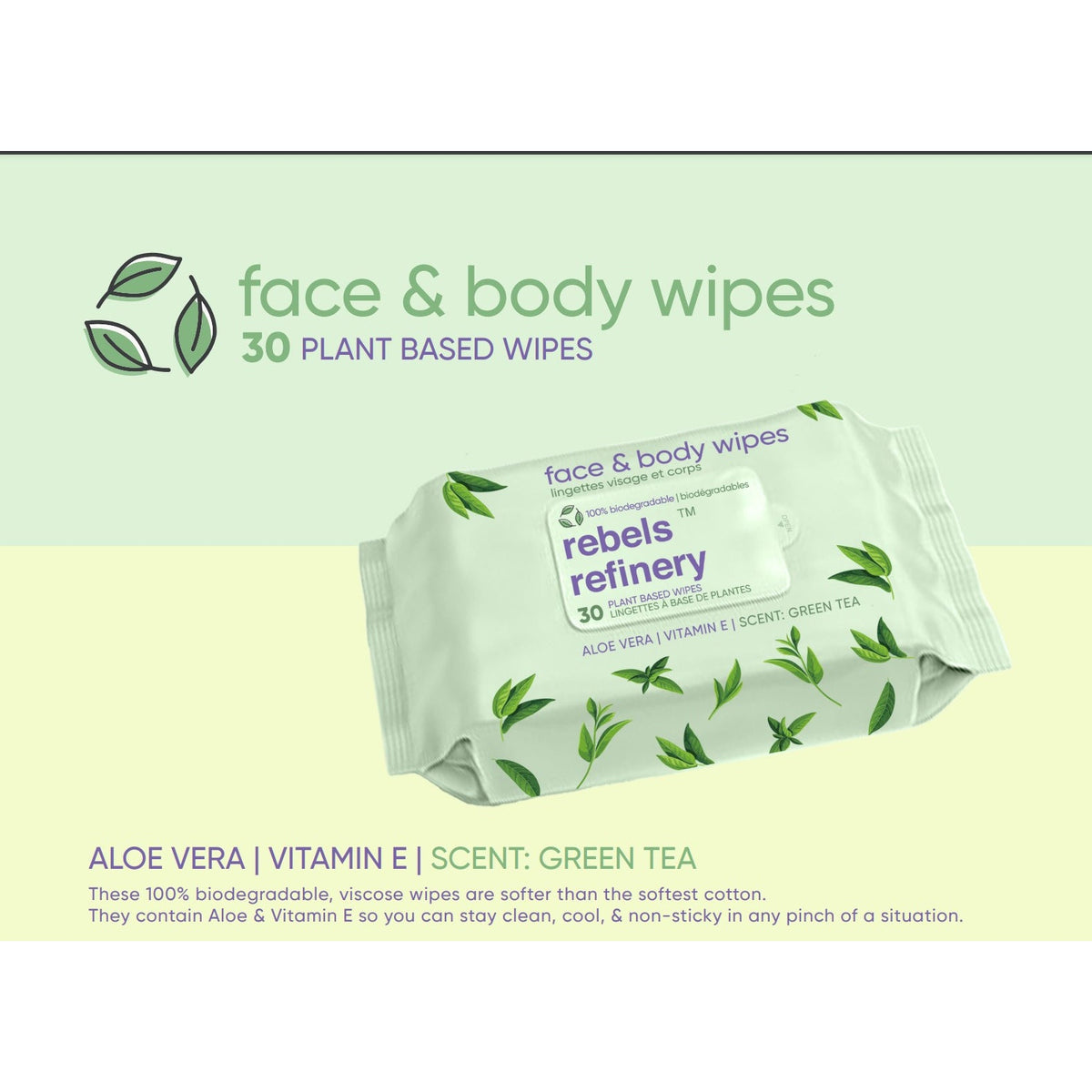 Rebels Refinery Face and Body Wipes, Bamboo Fibre Wipes with Aloe Vera and Vitamin E, 30 Count