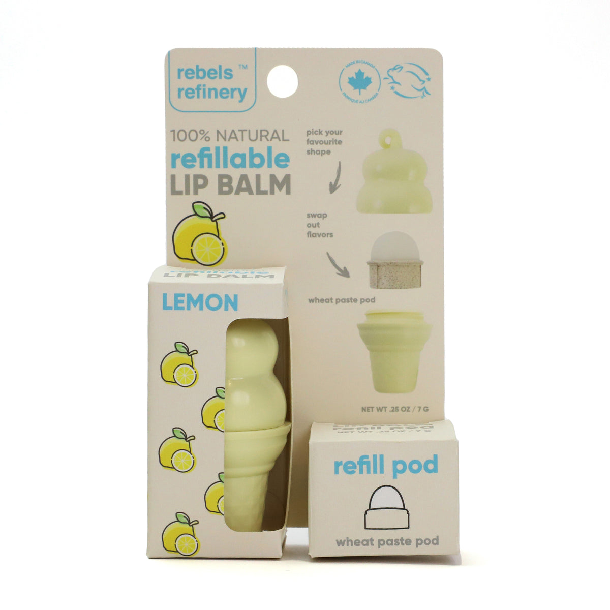 Rebels Refinery Refillable Lip Balm, Ice Cream Lemon or Pineapple Fruit Punch, 7g or with Refill Pod 14g - Ice Cream with Lemon Refill Pod (14g)