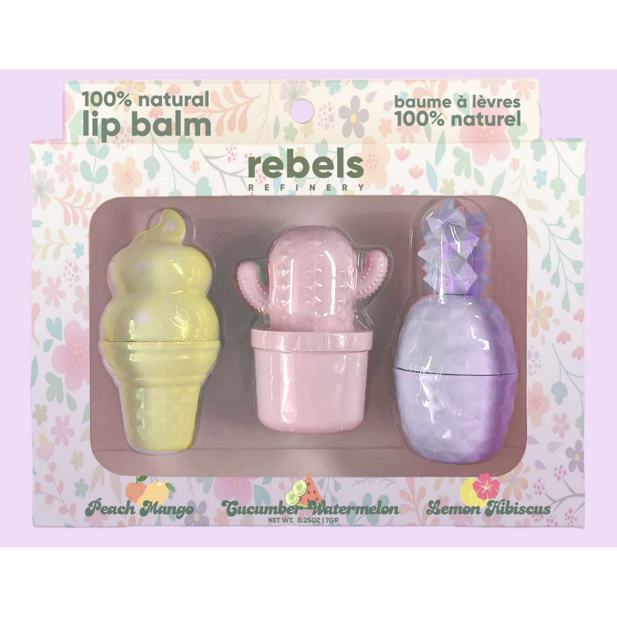 Rebels Refinery Spring Combo Pack Lip Balm Gift Set, 3 Shaped Lip Balms, Peach Mango Ice Cream Cone, Cucumber Watermelon Cactus and Lemon Hibiscus Pineapple