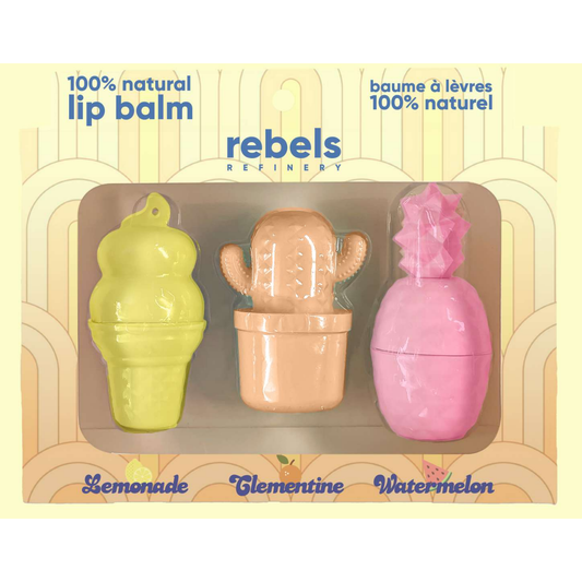 Rebels Refinery Summer Combo Pack Lip Balm Gift Set, 3 Shaped Lip Balms, Lemonade Ice Cream Cone, Clementine Cactus and Watermelon Pineapple