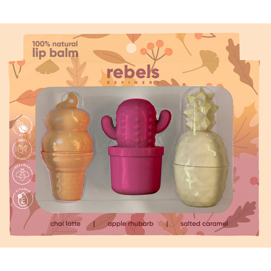 Rebels Refinery Fall Combo Pack Lip Balm Gift Set, 3 Shaped Lip Balms, Chai Latte Ice Cream Cone, Apple Rhubarb Cactus and Salted Caramel Pineapple
