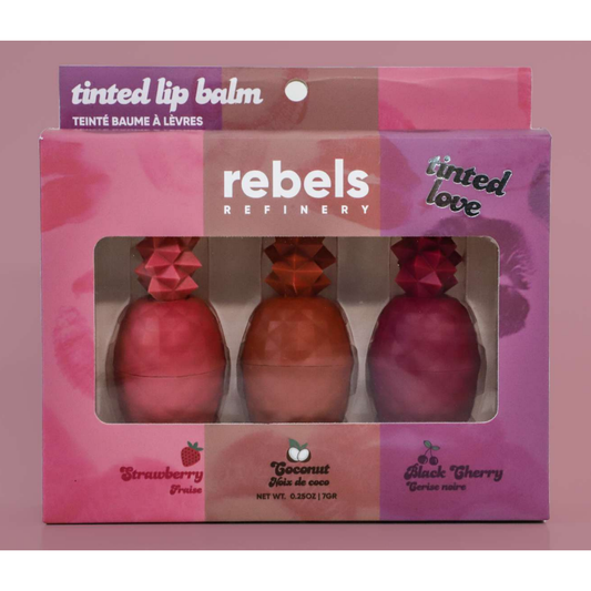 Rebels Refinery Tinted 3 Pack Lip Balm Gift Set, Pineapple Shaped Tinted Lip Balms, Strawberry, Coconut and Black Cherry