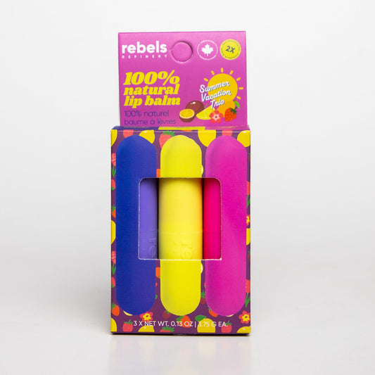 Rebels Refinery Summer Vacay Trio, 3 Natural Lip Balm Sticks with Sweet Almond Oil, Coconut Oil and Beeswax, Peg Box