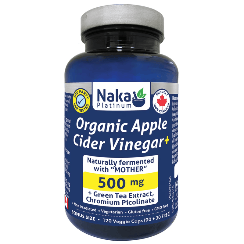 Naka Platinum Organic Apple Cider Vinegar 500mg with Green Tea and Chromium, Supports Healthy Glucose Metabolism and Digestion, 120 Vegetable Capsules