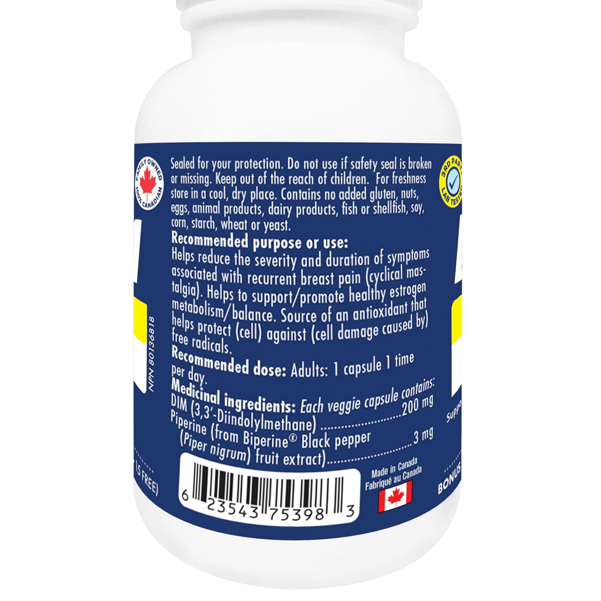 75 Vegetable Capsules | Naka Platinum DIM with BioPerine Black Pepper back label