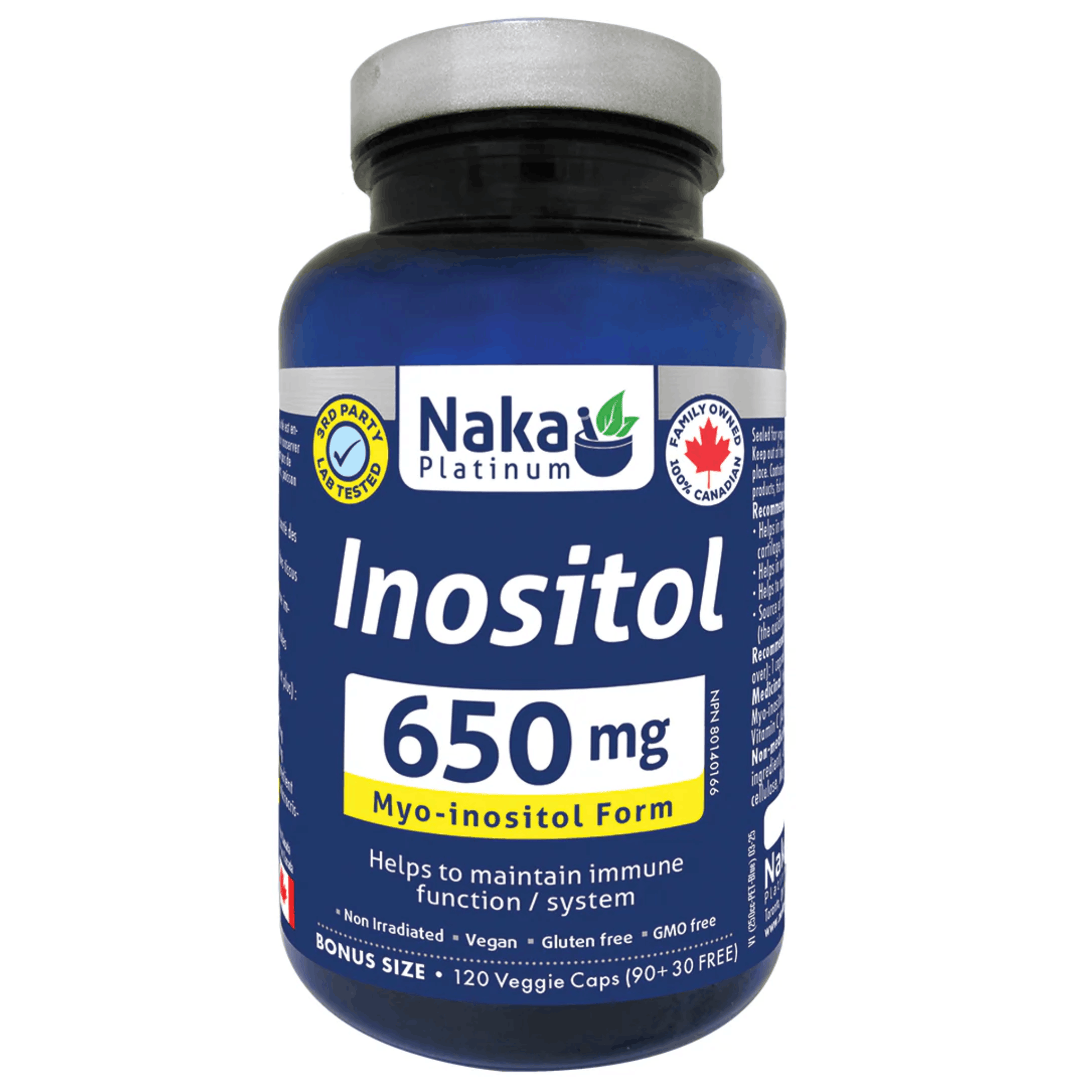 120 Vegetable Capsules | NAKA Platinum Inositol 650mg Bottle