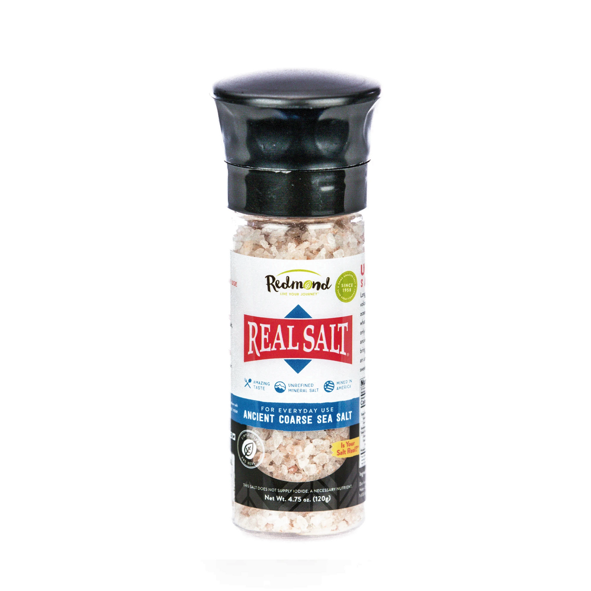 Redmond Real Salt Coarse Ancient Sea Salt Grinder, Unrefined Salt from Utah, Refillable Grinder, 120g (4.75oz)