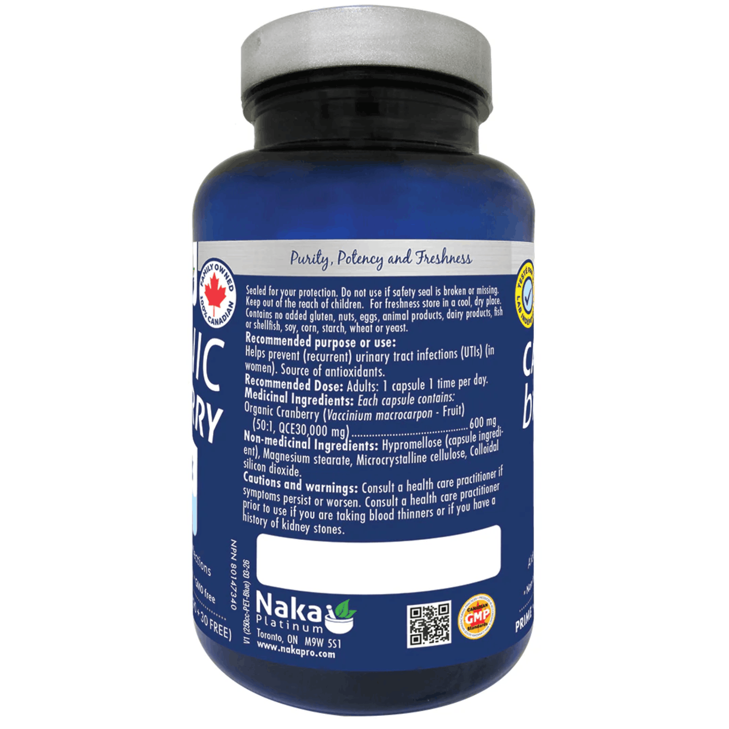 NAKA Platinum Organic Cranberry 600mg, Urinary Tract Health and UTI Support, 120 Vegetable Capsules