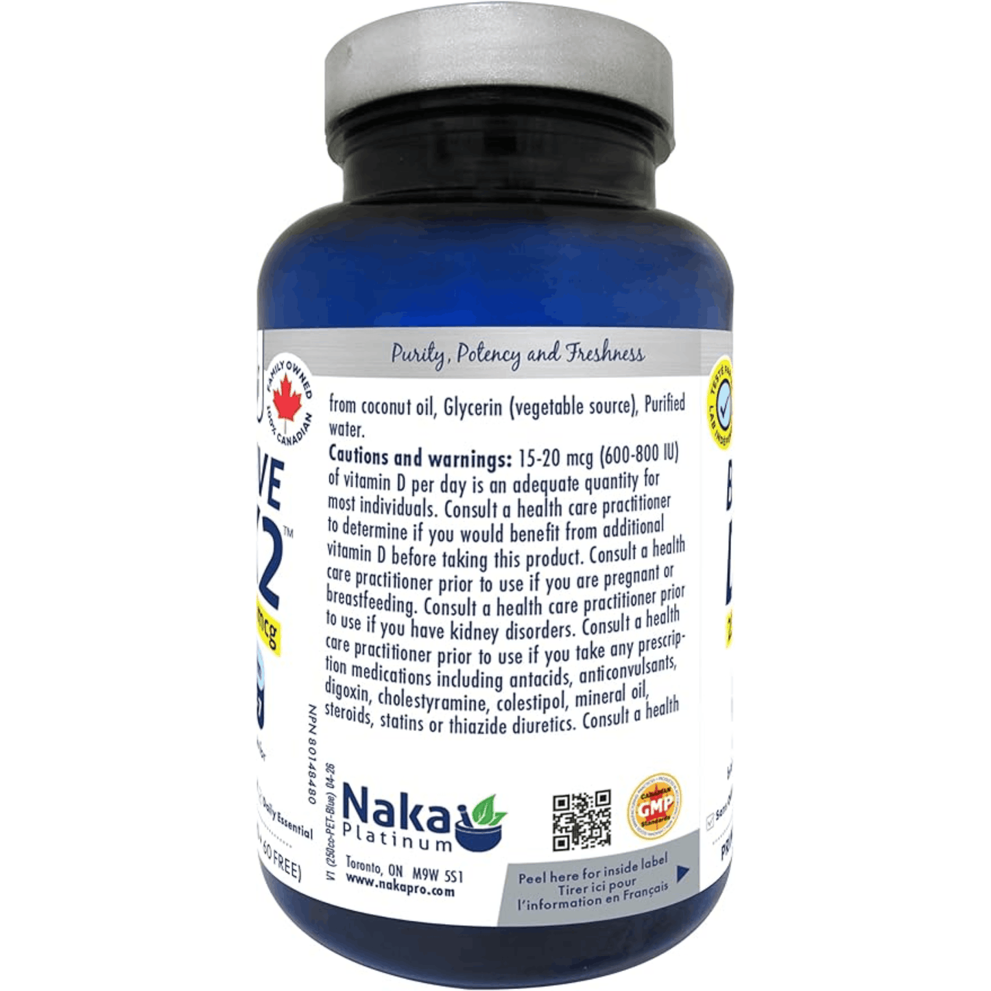 300 Softgels | Naka Platinum Bioactive D3 + K2 Warning label and ingredients