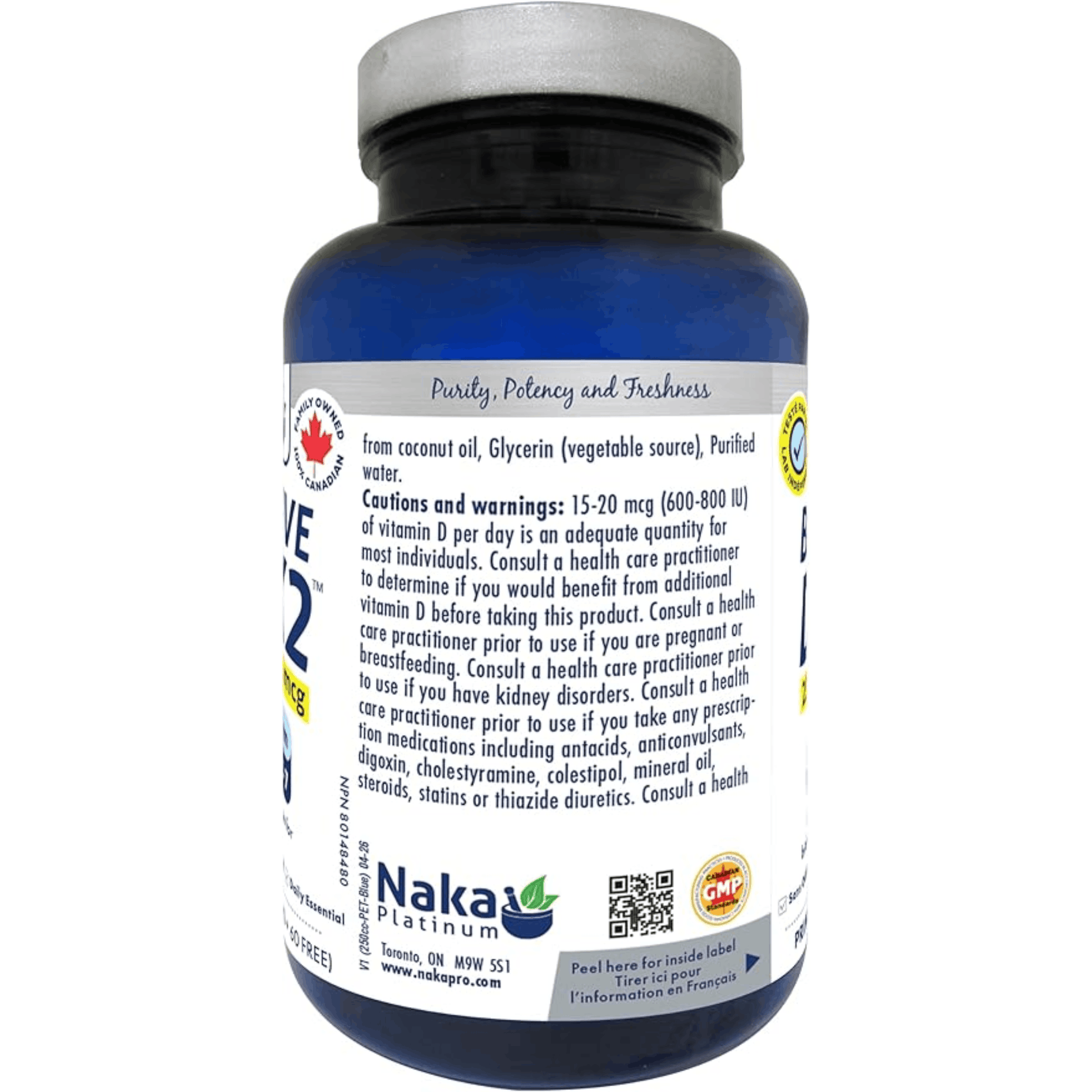 300 Softgels | Naka Platinum Bioactive D3 + K2 Warning label and ingredients