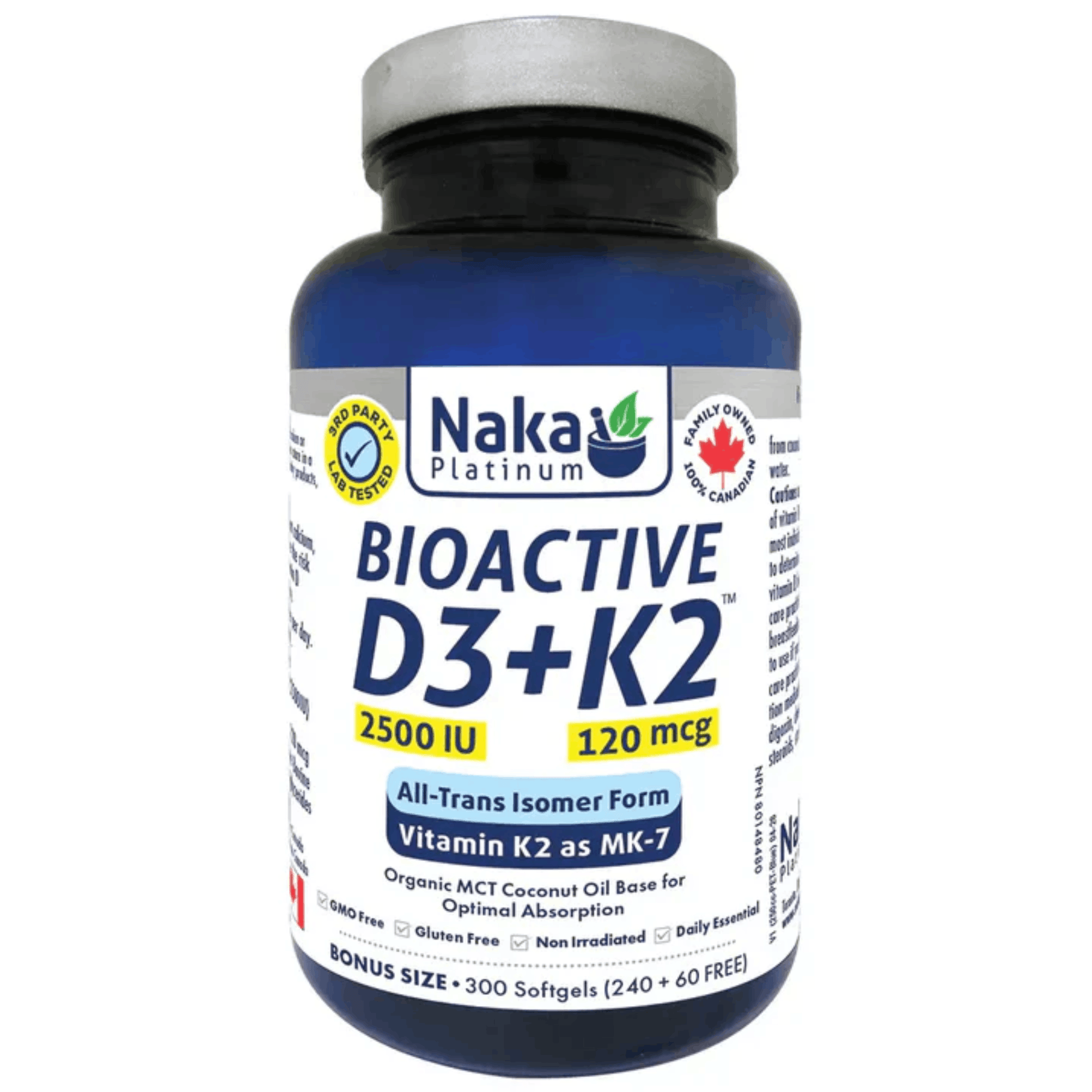 300 Softgels | Naka Platinum Bioactive D3 + K2
