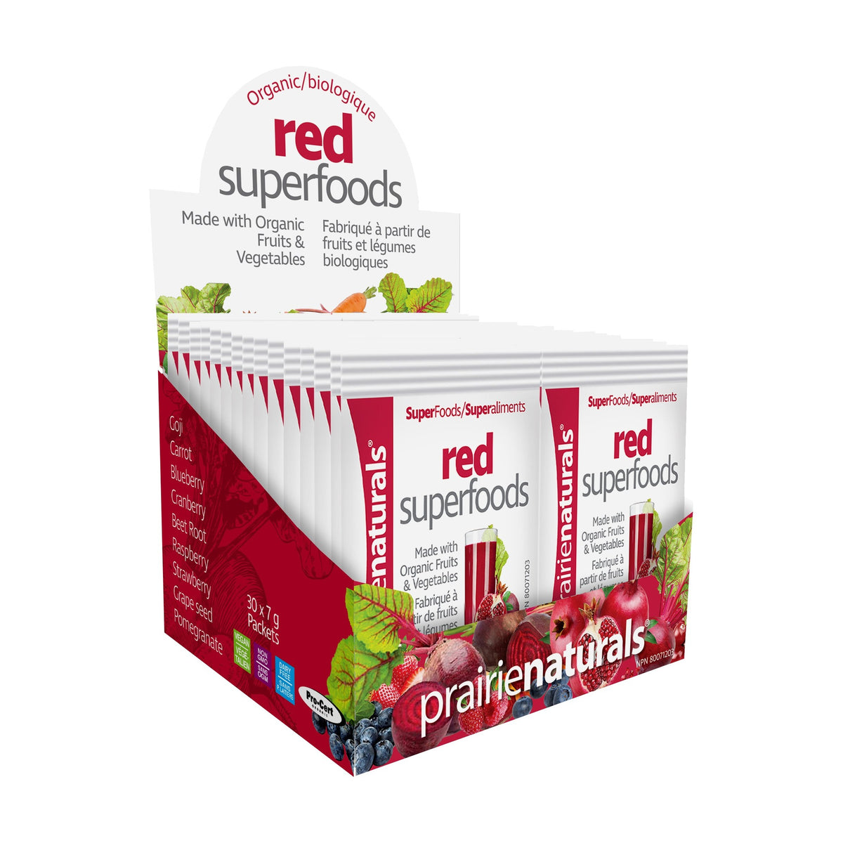 Prairie Naturals Organic Red Superfoods, Beet, Pomegranate, Goji and Berry Powder, Source of Antioxidants, 30 x 7g Sachets
