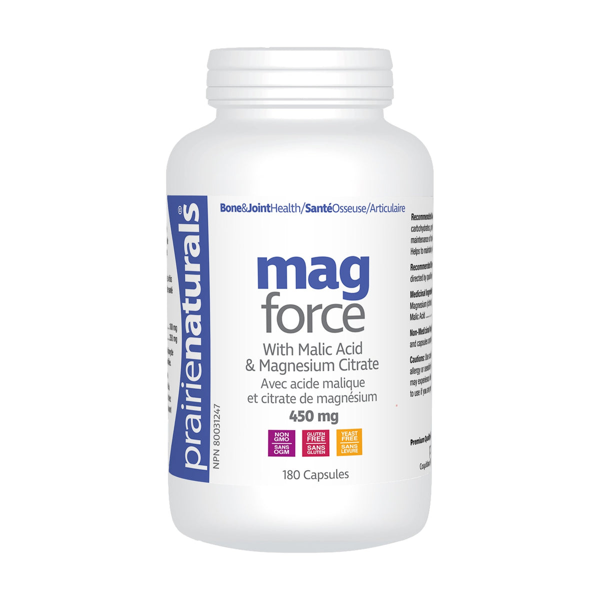 Prairie Naturals Mag Force, Magnesium Citrate 100mg with Malic Acid 350mg, Supports Muscle Function, 90 or 180 Capsules - 180 Capsules